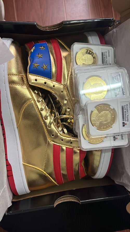 Gold High-Top Sneakers + 10 Commemorative Coins Bundle