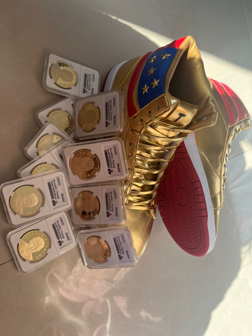 Gold High-Top Sneakers + 10 Commemorative Coins Bundle